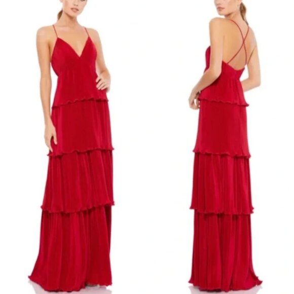 MAC DUGGAL 49083 SPAGHETTI STRAP RUFFLE LAYERED MAXI RED GOWN sz 4
